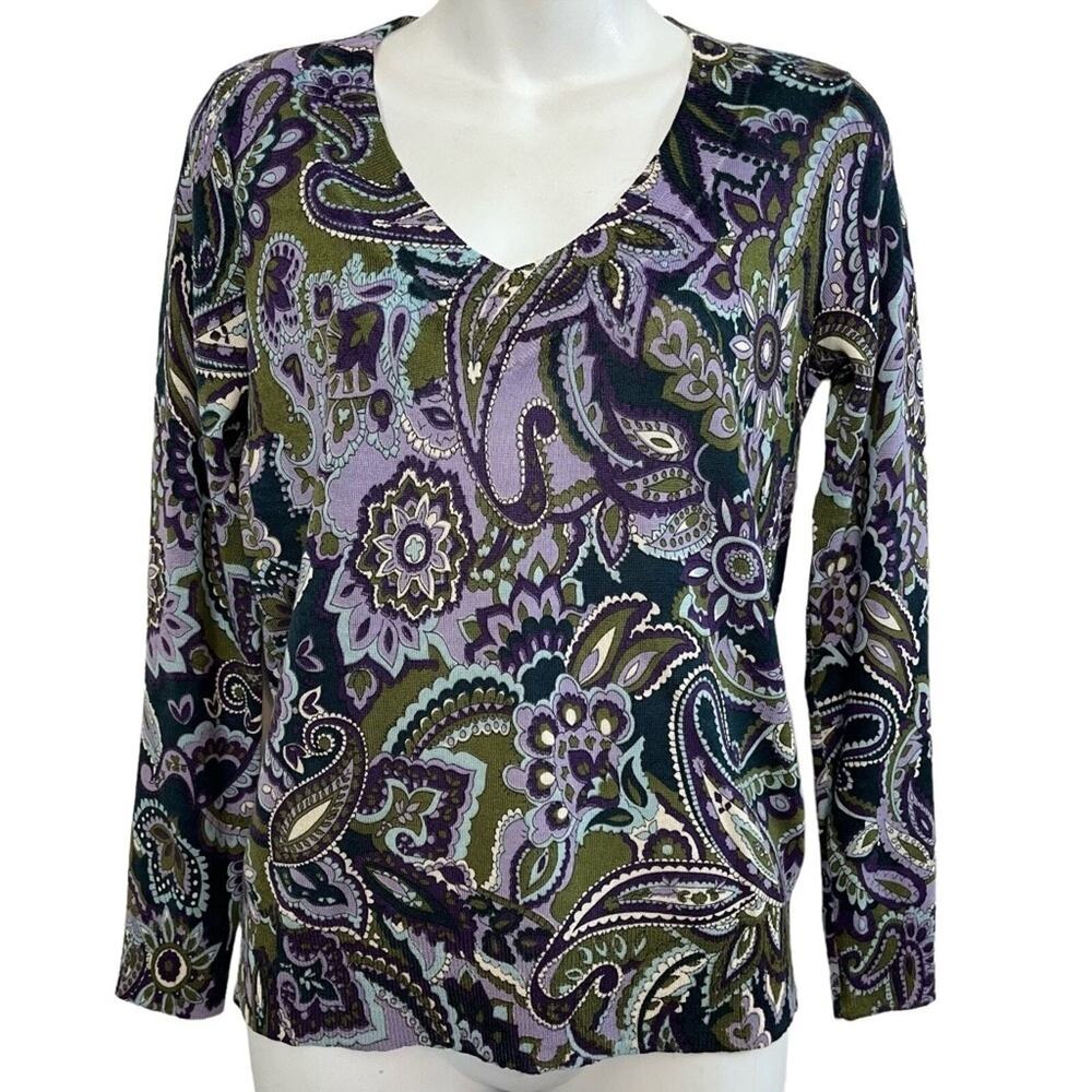 Talbots Petite Womens Olive Purple Merino Wool Paisley V-Neck Thin Sweater S